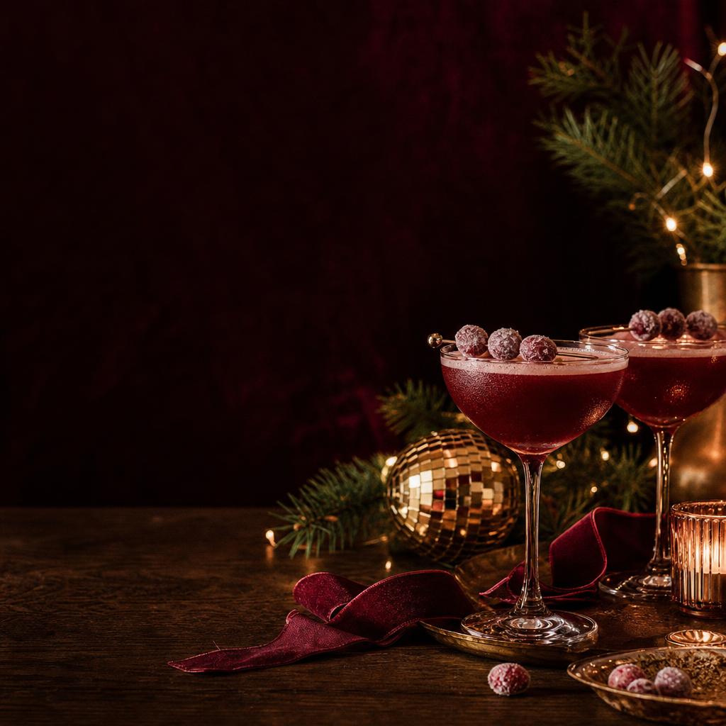 Festive editorial still life with two red drinks, a disco ball, greenery and candlelight; illustrative image, not a photograph of No.3a or its drinks menu