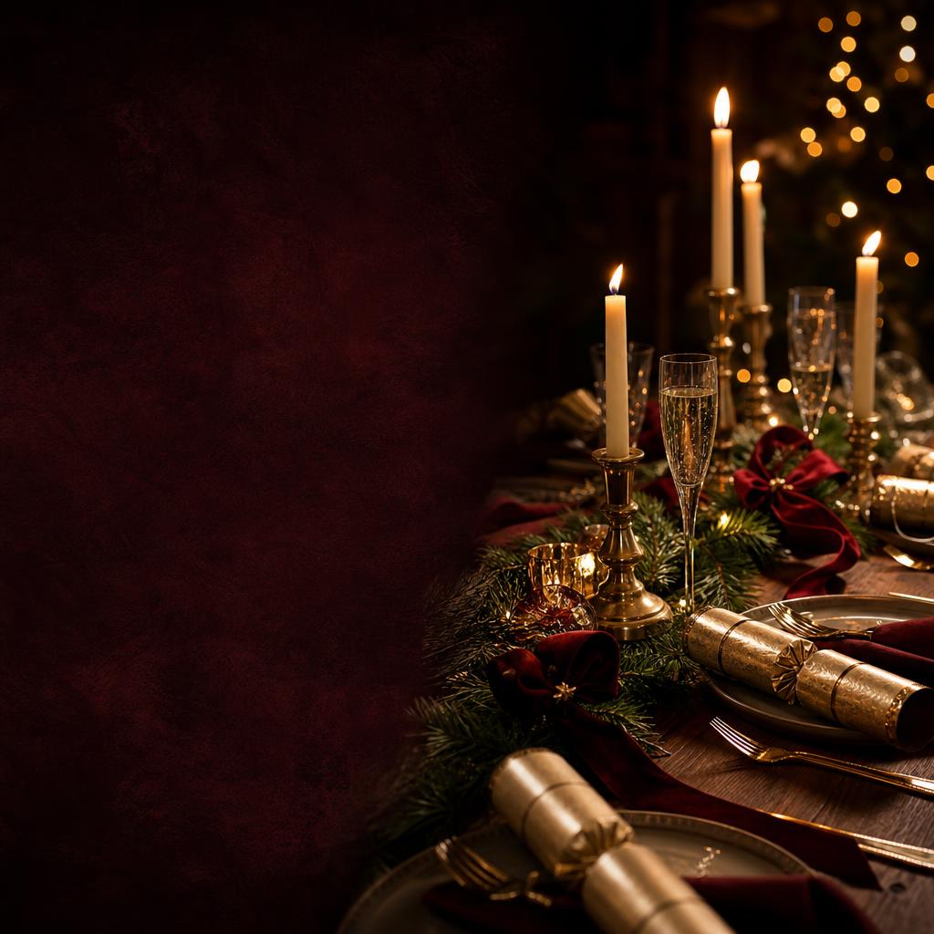 Illustrative candlelit Christmas party table with crackers, greenery and glasses; not a photograph of No.3a or a current party package